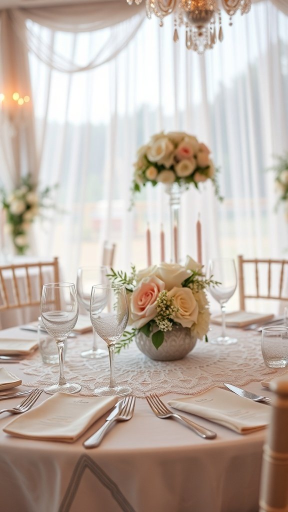 50 Stunning Wedding Decor Ideas to Transform Your Big Day A beautifully set wedding table featuring a delicate lace tablecloth, floral arrangements, and elegant glassware.