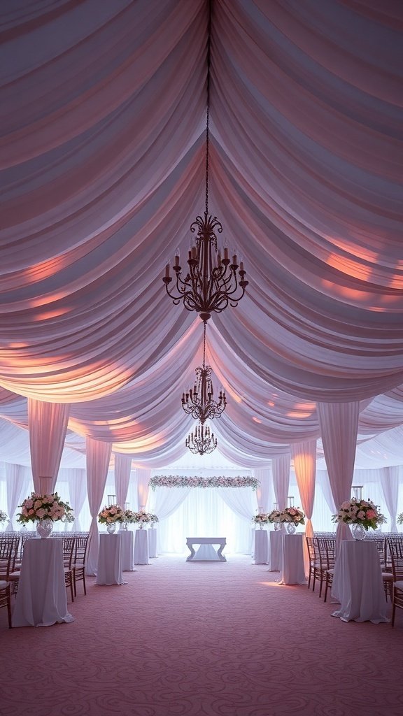 50 Stunning Wedding Decor Ideas to Transform Your Big Day A beautifully draped fabric canopy with chandeliers, creating an elegant wedding decor.