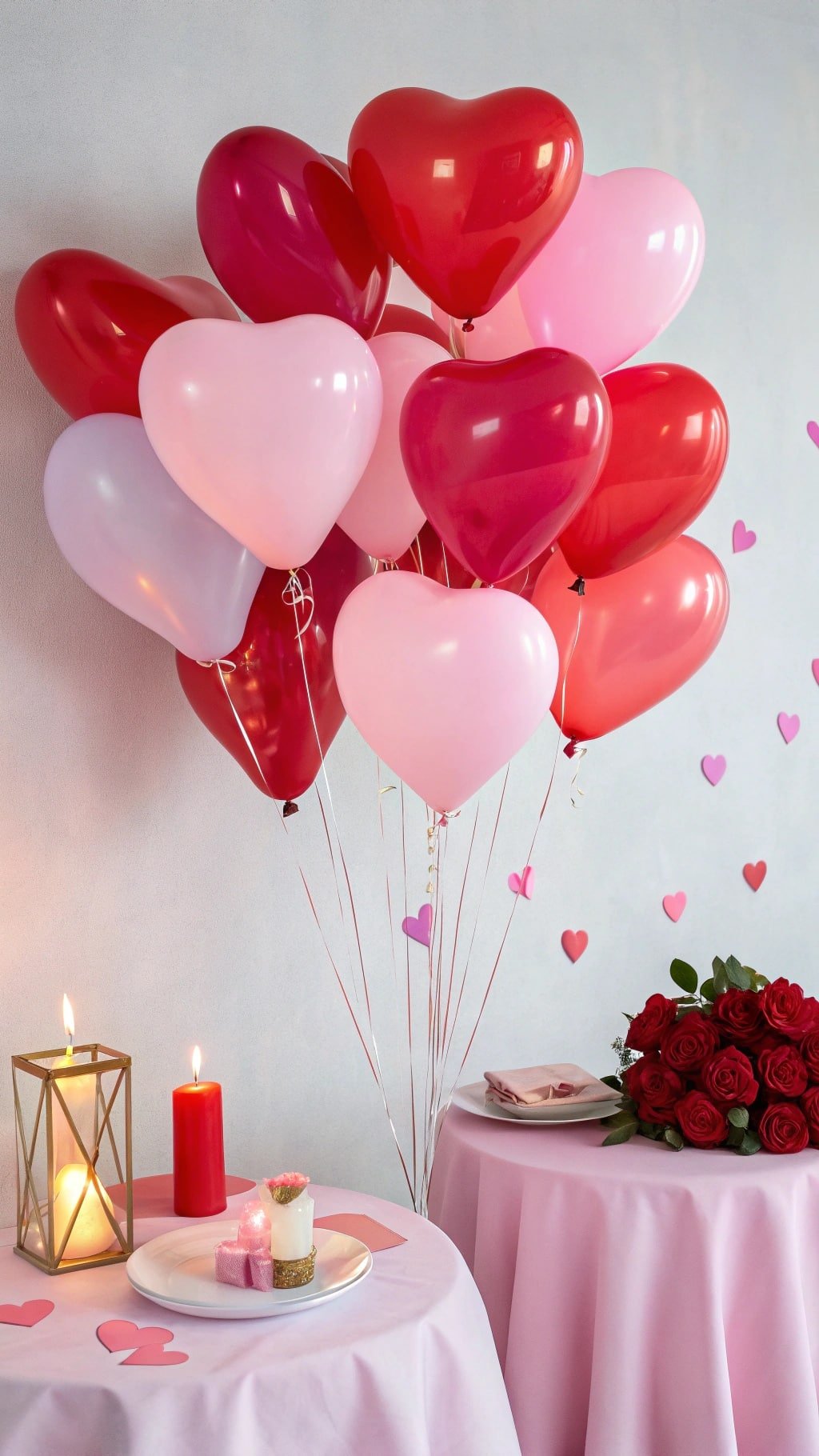 9 Creative Balloon Decoration Ideas for Any Celebration A cluster of heart-shaped balloons in red, pink, and lavender colors, with candles and roses on tables.