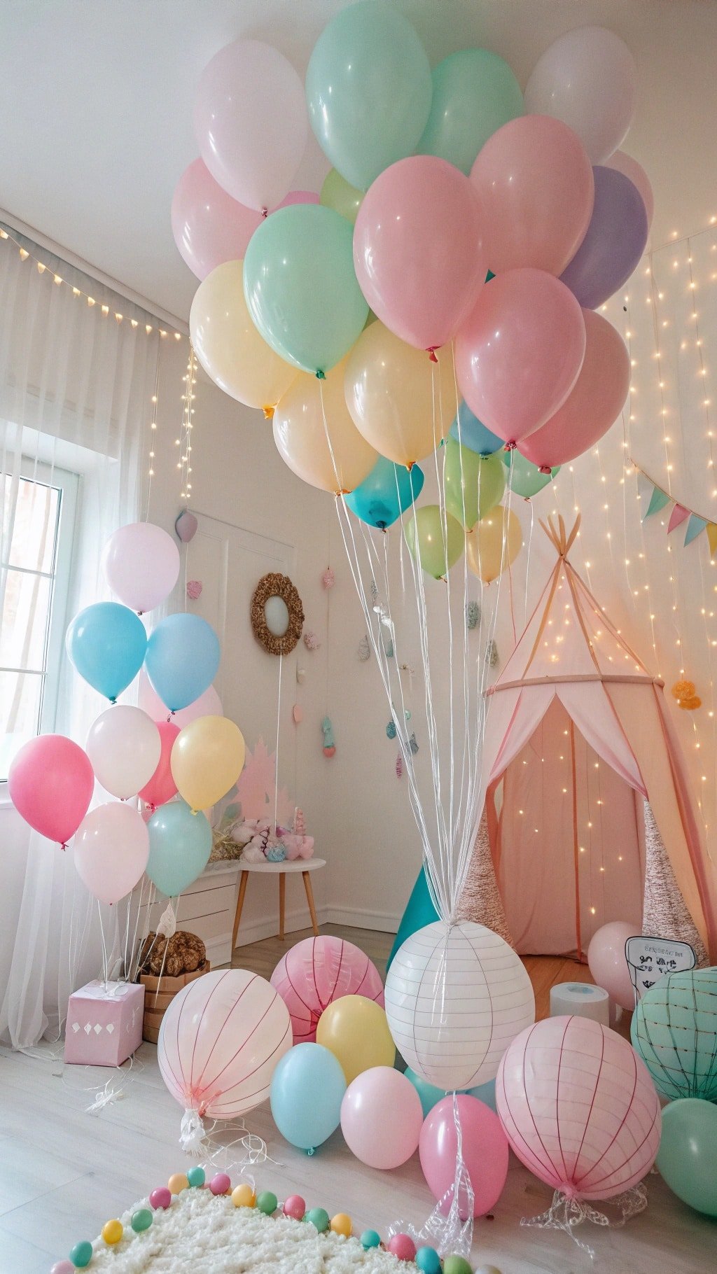 9 Creative Balloon Decoration Ideas for Any Celebration A room decorated with colorful balloons and soft lighting, creating a cheerful atmosphere.