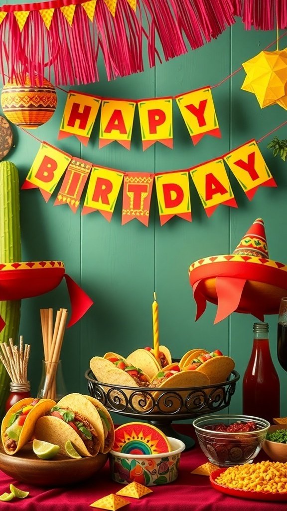 10 Unique Birthday Party Ideas to Celebrate in Style A colorful taco birthday party setup with tacos, decorations, and a birthday banner.