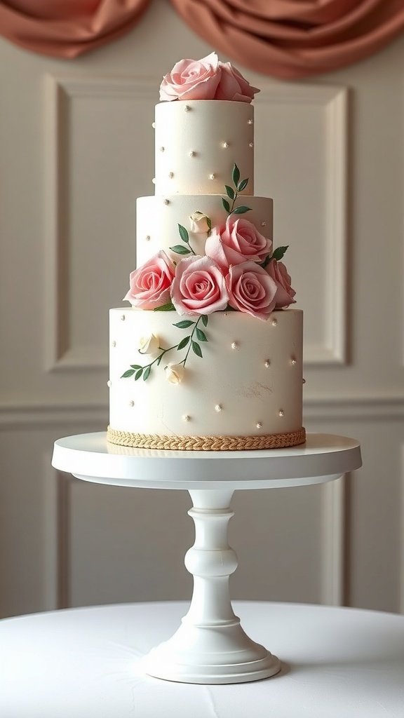 50 Stunning Wedding Decor Ideas to Transform Your Big Day A three-tier wedding cake decorated with pink roses on a white cake stand.