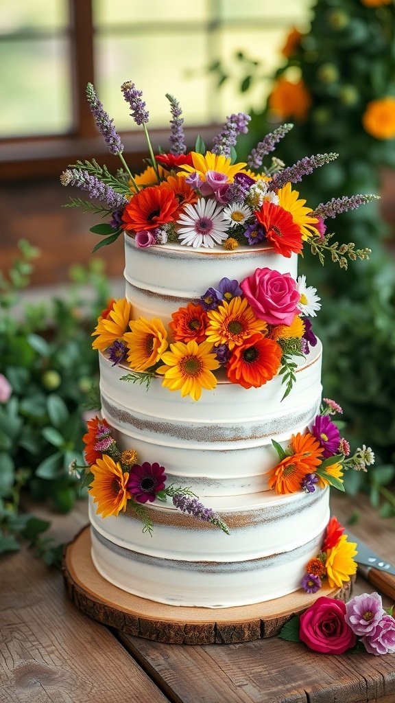 10 Best Cake Recipes to Try This September 2025 A three-tiered Wildflower Wedding Cake decorated with colorful flowers.