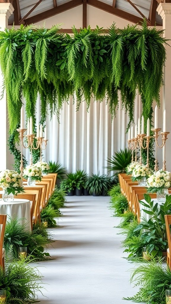 50 Stunning Wedding Decor Ideas to Transform Your Big Day A wedding ceremony setup featuring lush greenery accents, with ferns and plants lining the aisle and overhead greenery framing the space.