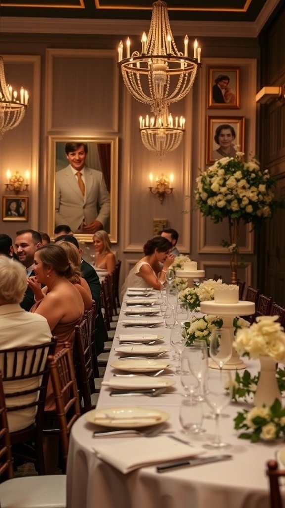 50 Stunning Wedding Decor Ideas to Transform Your Big Day Elegant wedding reception with vintage photo frames, chandeliers, and floral arrangements.