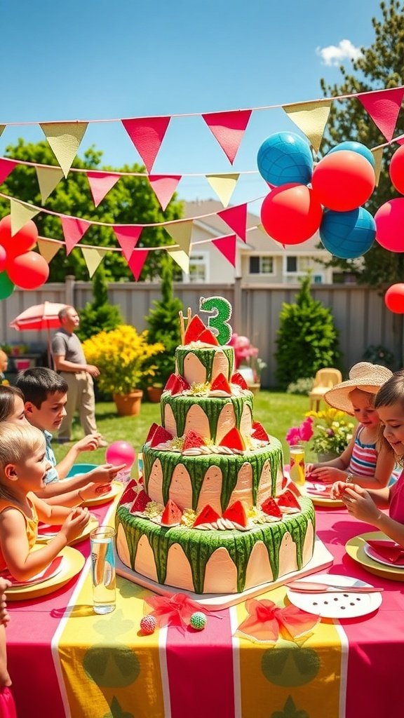 9 Creative Birthday Party Ideas for Unforgettable Celebrations A colorful watermelon-themed birthday party setup with a large cake and decorations.