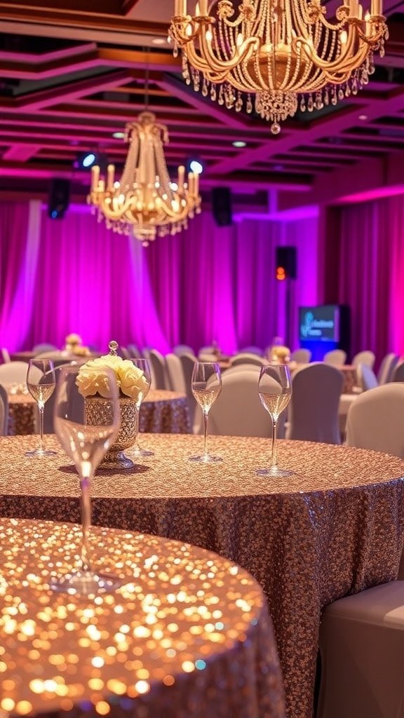 50 Stunning Wedding Decor Ideas to Transform Your Big Day Elegant wedding reception with sequin tablecloths and chandeliers