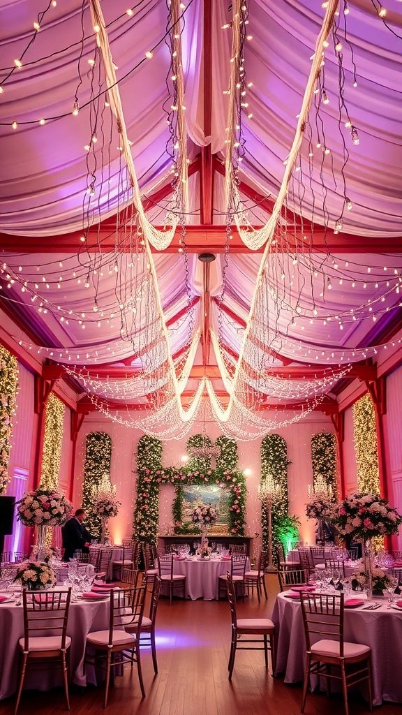 50 Stunning Wedding Decor Ideas to Transform Your Big Day A beautifully decorated wedding venue with fairy lights hanging from the ceiling and floral arrangements on tables.