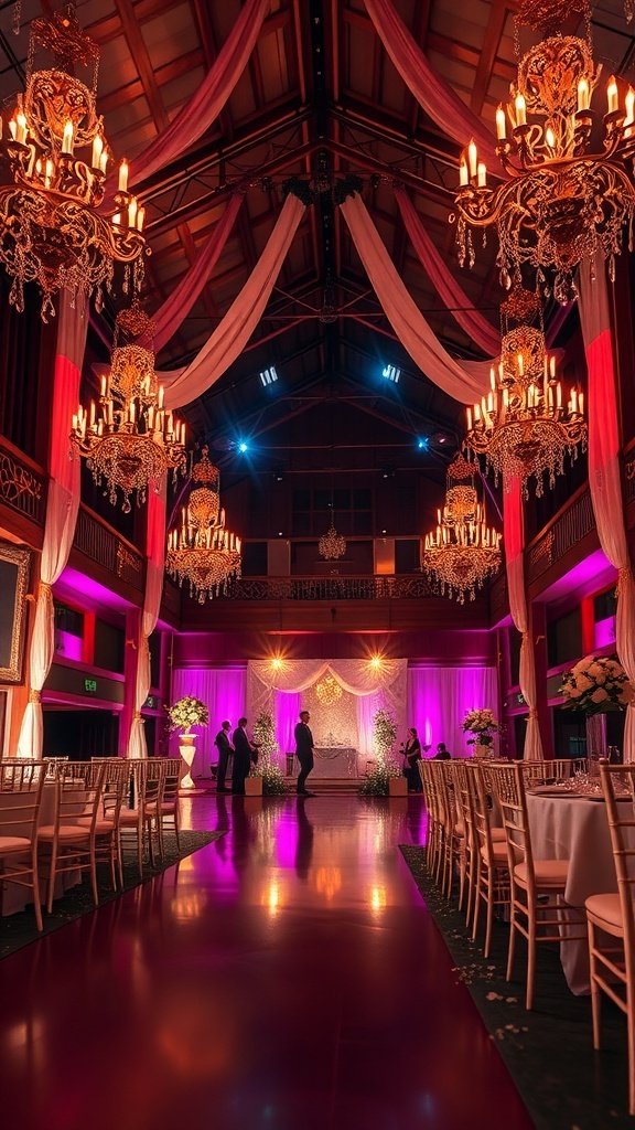 50 Stunning Wedding Decor Ideas to Transform Your Big Day Elegant wedding venue with chandeliers and colorful lighting