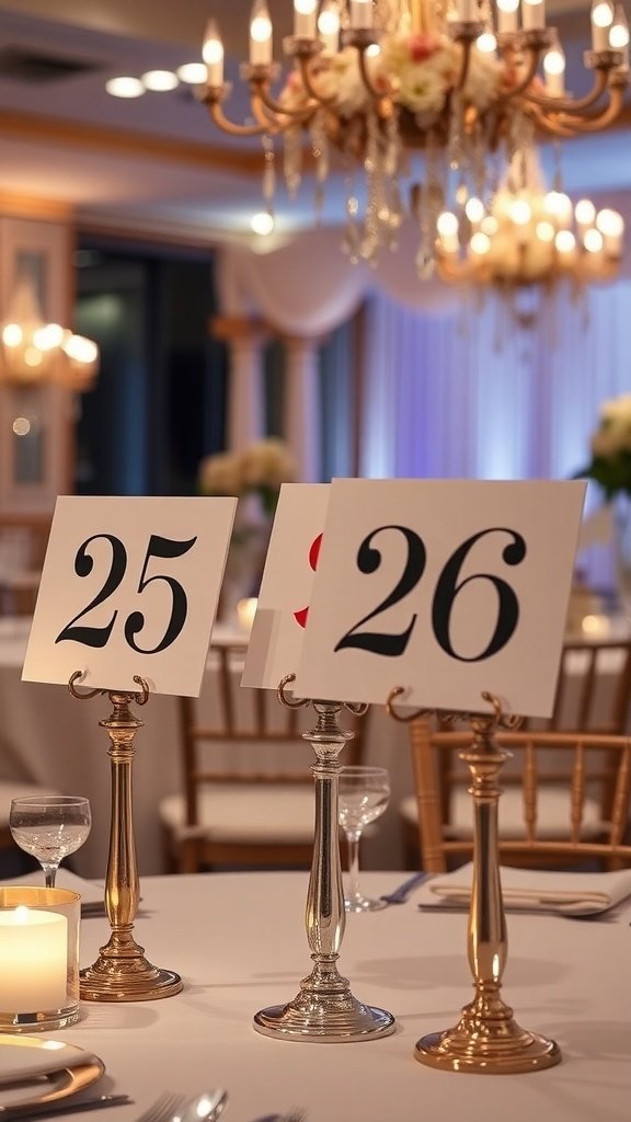 50 Stunning Wedding Decor Ideas to Transform Your Big Day Elegant table numbers on stylish stands at a wedding reception