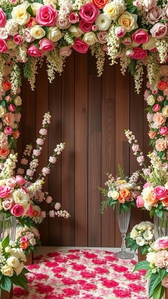 50 Stunning Wedding Decor Ideas to Transform Your Big Day A floral arch with roses and other flowers, set against a wooden backdrop, creating a beautiful photo backdrop.