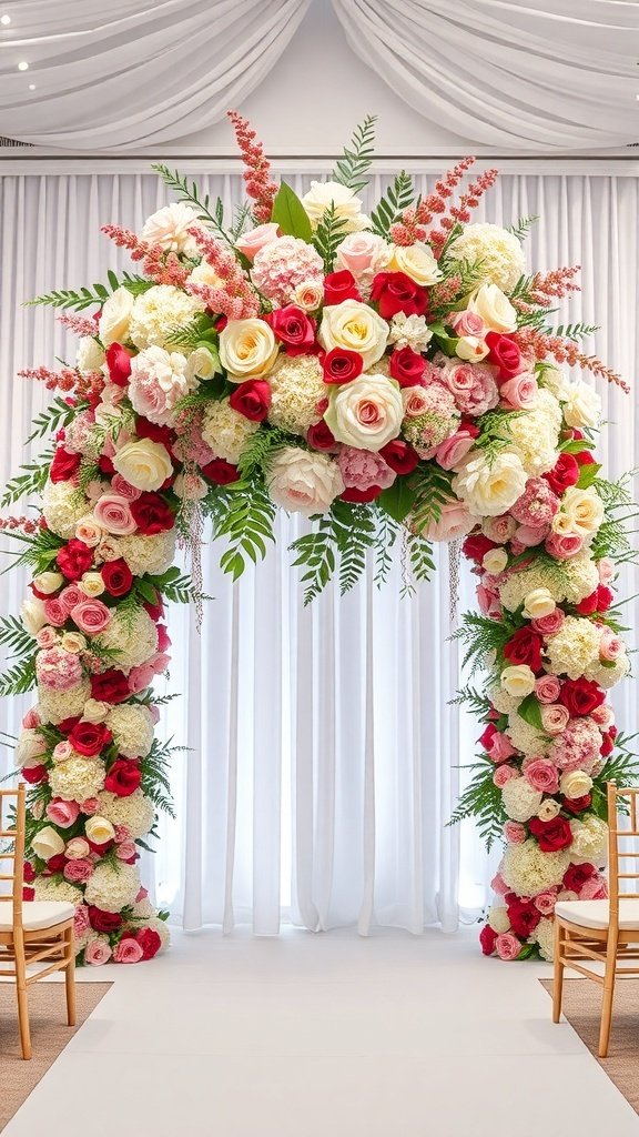 50 Stunning Wedding Decor Ideas to Transform Your Big Day A floral archway adorned with roses and hydrangeas, creating a romantic wedding backdrop.
