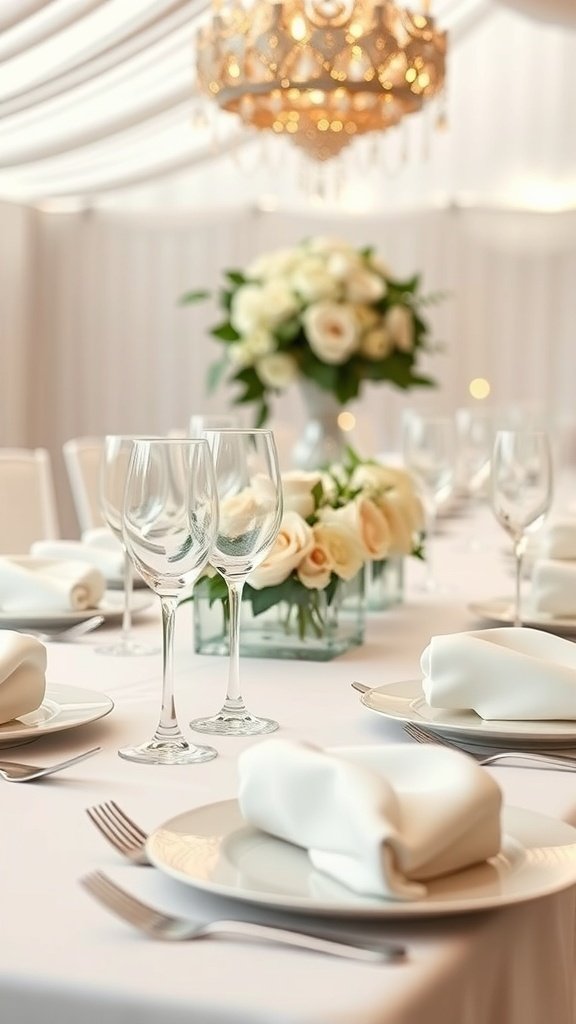 50 Stunning Wedding Decor Ideas to Transform Your Big Day Elegant table setting with white tablecloth, fine china, glassware, and floral centerpiece.