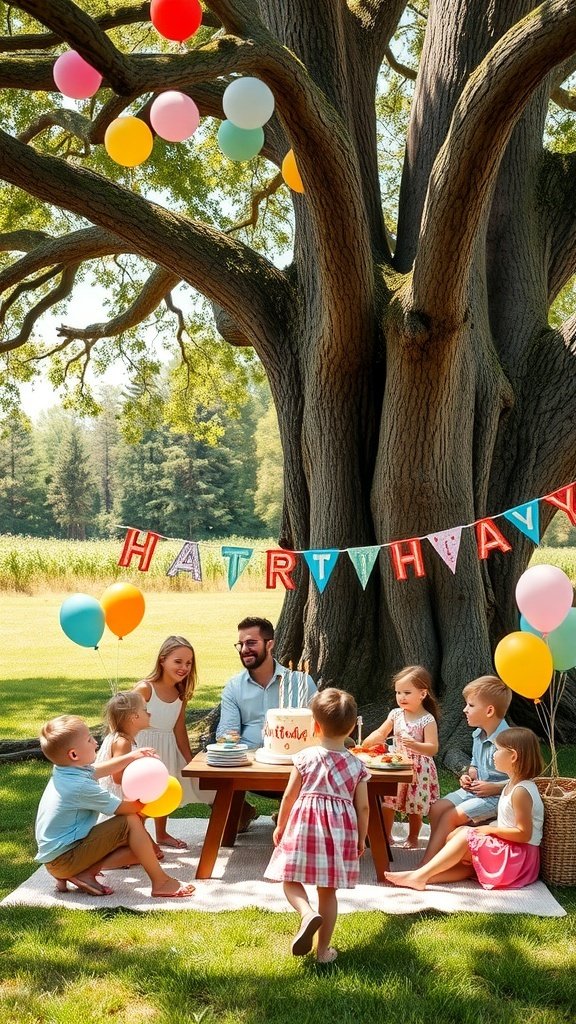 9 Creative Birthday Party Ideas for Unforgettable Celebrations Children celebrating a birthday party under a large tree with balloons and a cake.