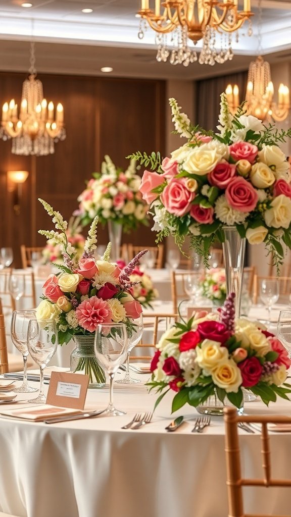 50 Stunning Wedding Decor Ideas to Transform Your Big Day Elegant floral arrangements on wedding tables with chandeliers in the background.