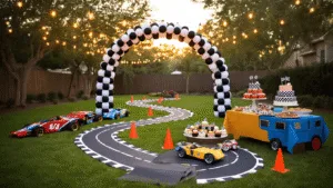 Race Car Birthday Party: The Ultimate Guide to a High-Octane Celebration Photorealistic backyard race car birthday party setup at golden hour, featuring a checkered flag archway, DIY racetrack, dessert table with a tire-themed cake, colorful cardboard race cars, and trophy centerpieces, all illuminated by string lights in a dreamy atmosphere.