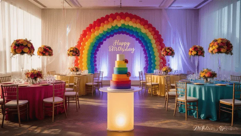 Rainbow Birthday Party: The Ultimate Guide to Creating a Vibrant Celebration A luxurious ballroom decorated in a rainbow theme for a birthday celebration, featuring ombré table linens, balloon bouquets, a rainbow backdrop, and a stunning 4-tier ombré cake, all illuminated by golden hour light.