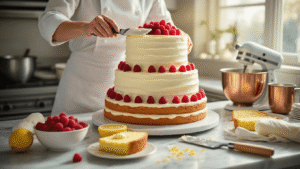 Raspberry Lemon Wedding Cake: A Showstopping Celebration Dessert Photorealistic image of a luxurious three-tiered wedding cake being assembled in a sunlit kitchen, featuring pearl-white buttercream, fresh raspberries, and lemon zest scattered on a marble counter, with a baker's hands smoothing the frosting, surrounded by professional baking tools and warm wood accents.