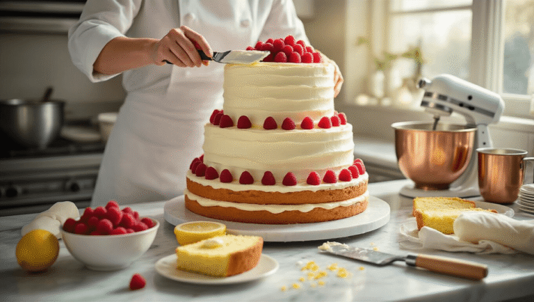 Raspberry Lemon Wedding Cake: A Showstopping Celebration Dessert Photorealistic image of a luxurious three-tiered wedding cake being assembled in a sunlit kitchen, featuring pearl-white buttercream, fresh raspberries, and lemon zest scattered on a marble counter, with a baker's hands smoothing the frosting, surrounded by professional baking tools and warm wood accents.