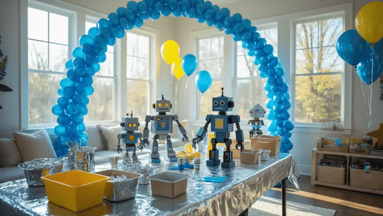 Robot Birthday Party: An Unforgettable Tech-Tastic Celebration for Young Innovators A vibrant robot-themed birthday party in a modern living room, featuring a craft table with metallic tablecloth, handmade cardboard robots, balloon arches, and a dessert table with a tiered cake and cupcakes, capturing children engaged in creative activities.