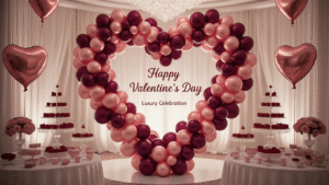 Valentine's Balloons: The Ultimate Guide to Romantic Decor Elegant Valentine's Day ballroom setup with cascading heart-shaped balloon installation, ornate dessert table, and intimate table settings in rich colors, illuminated by soft, romantic lighting.