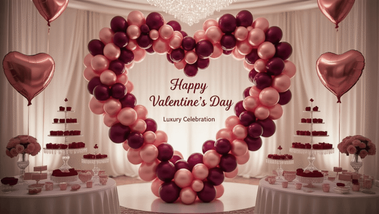 Valentine's Balloons: The Ultimate Guide to Romantic Decor Elegant Valentine's Day ballroom setup with cascading heart-shaped balloon installation, ornate dessert table, and intimate table settings in rich colors, illuminated by soft, romantic lighting.