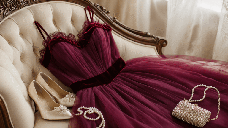 How to Style Tulle Dresses: The Ultimate Guide to Creating Magical Looks A vintage boudoir scene showcasing a burgundy tulle dress with velvet ribbon, arranged on a cream chaise lounge, surrounded by satin pumps, pearls, and crystal accessories, illuminated by soft, diffused lighting with a focus on intricate details.