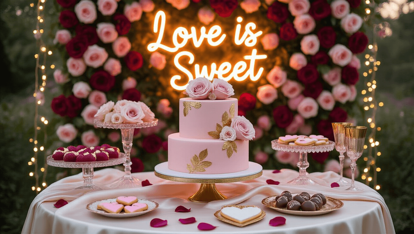 A dreamy dessert table at golden hour, featuring a three-tiered blush pink cake with fresh roses and gold leaf, heart-shaped cookies, chocolate-dipped strawberries, and a glowing "Love is Sweet" neon sign, surrounded by elegant decorations and soft fairy lights.