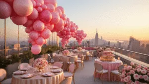 Pink Balloons: Your Ultimate Guide to Stunning Event Styling Luxurious rooftop terrace at golden hour with pink ombre balloon installations, elegant tables set with champagne linens and crystal decor, a dessert cart featuring pink macarons, a champagne wall with roses, and a modern cityscape backdrop, all captured in hyperrealistic 8K resolution with a soft bokeh effect.