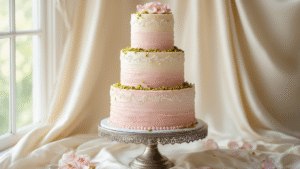 Rosewater Pistachio Wedding Cake: A Luxurious Celebration Masterpiece A photorealistic three-tiered wedding cake with blush pink ombré buttercream frosting, adorned with crushed pistachios, edible rose petals, and gold leaf accents. Displayed on an ornate silver cake stand against a cream silk backdrop, the middle tier is in focus, showcasing intricate lace-like piping in pearl white, while a slice reveals a moist crumb. Garnished with fresh garden roses and whole pistachios, the image captures soft natural lighting and detailed textures.