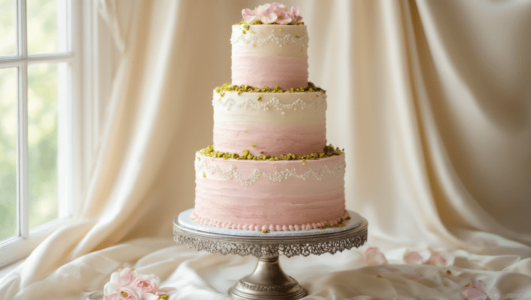 Rosewater Pistachio Wedding Cake: A Luxurious Celebration Masterpiece A photorealistic three-tiered wedding cake with blush pink ombré buttercream frosting, adorned with crushed pistachios, edible rose petals, and gold leaf accents. Displayed on an ornate silver cake stand against a cream silk backdrop, the middle tier is in focus, showcasing intricate lace-like piping in pearl white, while a slice reveals a moist crumb. Garnished with fresh garden roses and whole pistachios, the image captures soft natural lighting and detailed textures.