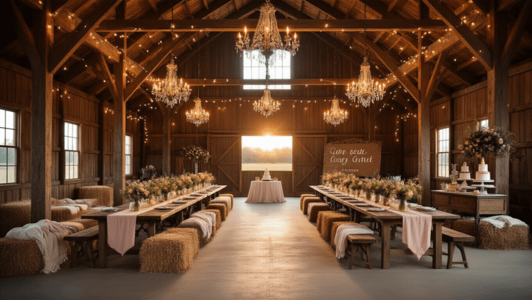 Epic Birthday Party Venues: The Ultimate Guide to Unforgettable Celebrations A transformed rustic barn interior at golden hour, featuring wooden beams with twinkle lights, long farmhouse tables with blush linen and wildflower decor, vintage chandeliers, hay bale lounges, a whimsical dessert cart, and a flower-adorned photo backdrop, illuminated by natural light streaming through barn windows.