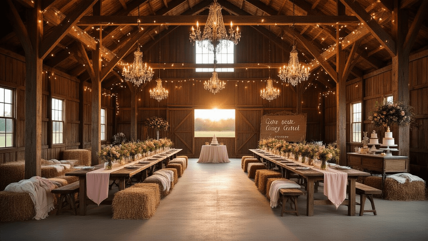 A transformed rustic barn interior at golden hour, featuring wooden beams with twinkle lights, long farmhouse tables with blush linen and wildflower decor, vintage chandeliers, hay bale lounges, a whimsical dessert cart, and a flower-adorned photo backdrop, illuminated by natural light streaming through barn windows.