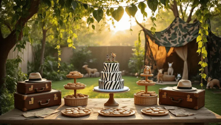 Safari Birthday Party: The Ultimate Guide to a Wild Celebration A vibrant backyard transformed into a safari-themed birthday party, featuring a zebra-striped cake, animal-shaped cookies, and rustic explorer decorations, all bathed in warm golden light with dappled shadows from overhanging vines.
