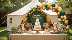 Unforgettable First Birthday Party Ideas for Boys: A Parent's Ultimate Guide A sunlit safari-themed first birthday party setup featuring an ivory tent, khaki-dressed tables with plush animal centerpieces and eucalyptus garlands, oversized gold and forest green balloons, and a dessert table with a three-tiered safari cake. A dedicated photo area with palm fronds and "ONE" in gold letters, children playing in a mini safari obstacle course, and parents lounging on luxury picnic blankets, all captured in a dreamy golden hour light.