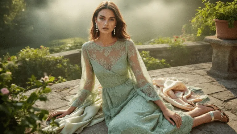 The Ultimate Guide to Styling a Lace Midi Dress with Sheer Sleeves: From Day to Night Flatlay of a sage green lace midi dress with sheer sleeves on a stone garden terrace, styled with pearl drop earrings, metallic sandals, and a silk scarf in soft morning light, featuring macro details of lace patterns and fabric transparency.