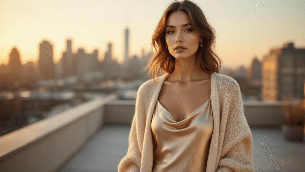 The Perfect Satin Slip Dress A model wearing a champagne-colored satin slip dress with a cowl neck, styled with an oversized cream knit cardigan, stands on a modern rooftop terrace during golden hour, with urban skyline bokeh in the background and soft, warm lighting accentuating the fabric's texture.