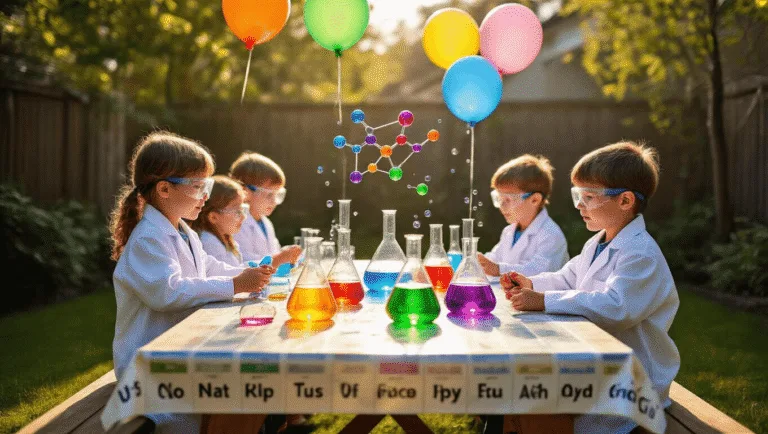 Epic Science Birthday Party: The Ultimate Guide to a Jaw-Dropping Experimental Celebration! A vibrant backyard transformed into a children's science laboratory with colorful glass beakers, young kids in lab coats conducting experiments, and a papier-mâché volcano erupting under floating molecular balloons, all bathed in golden afternoon light.