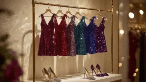How to Rock a Sequin Mini Dress: Your Complete Style Boutique display of shimmering sequin mini dresses in jewel tones, hanging on a gold rack against a cream wall, accented by evening lighting, crystal accessories, and metallic stilettos, evoking a moody, glamorous atmosphere.