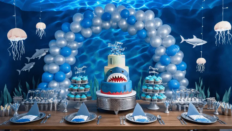 Shark Birthday Party: The Ultimate Guide to Crafting a Jaw-Dropping Celebration A stunning indoor shark-themed birthday party with deep ocean blue walls, a dramatic dessert table featuring a 3-tier shark cake and blue ombre cupcakes, a metallic balloon arch, a custom shark photo booth, and ambient jellyfish lanterns, all bathed in soft blue light.