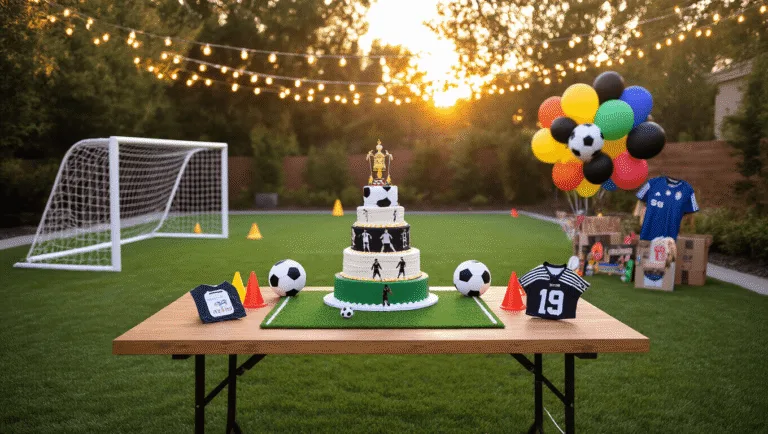 Soccer Birthday Party: The Ultimate Guide to Creating an Unforgettable Celebration Photorealistic backyard soccer birthday party setup during golden hour, featuring a miniature soccer field, colorful training cones, string lights, a three-tiered soccer-themed cake, and children playing in vibrant jerseys amidst a warm, inviting atmosphere.