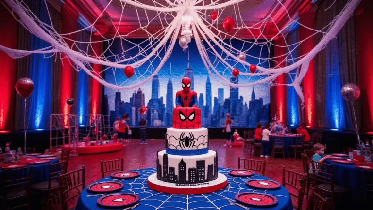 Spiderman Birthday Party: The Ultimate Superhero Celebration Guide A vibrant Spiderman-themed birthday party in a grand ballroom with a New York City skyline backdrop, featuring a three-tiered Spiderman cake, activity stations, and children in costumes playing amidst dramatic uplighting and suspended spider webs.