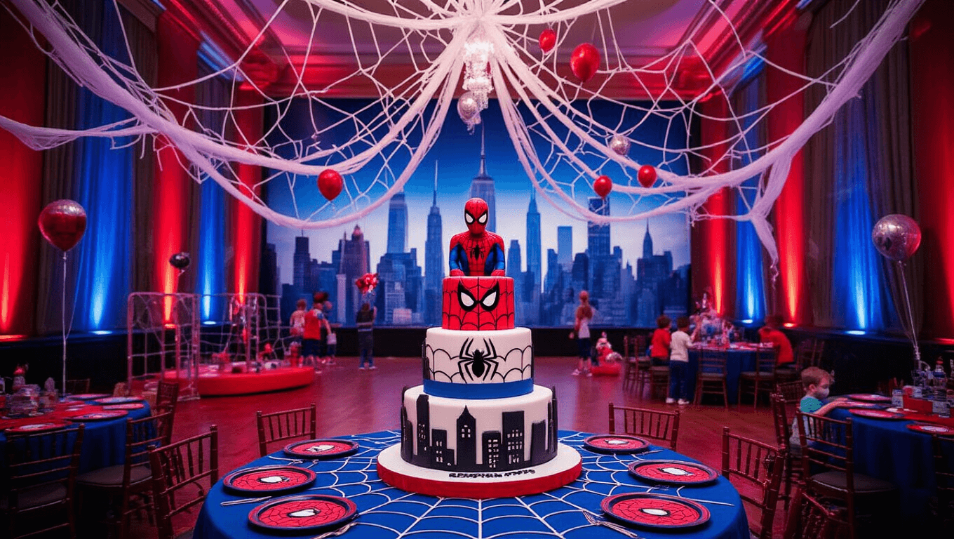 A vibrant Spiderman-themed birthday party in a grand ballroom with a New York City skyline backdrop, featuring a three-tiered Spiderman cake, activity stations, and children in costumes playing amidst dramatic uplighting and suspended spider webs.
