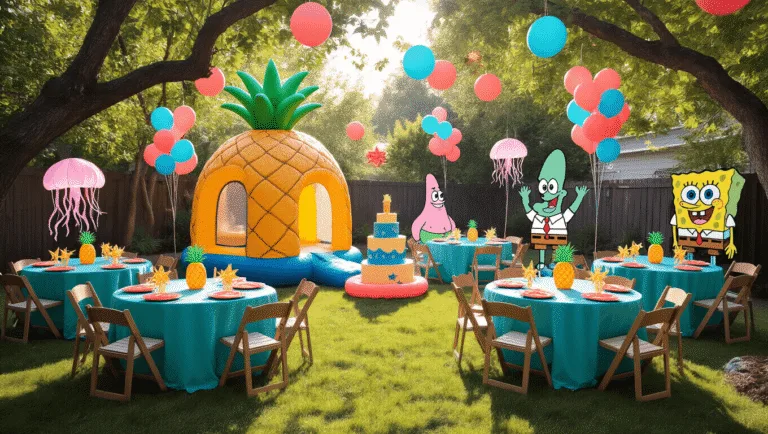 Throw the Ultimate SpongeBob Birthday Party: A Fun Guide for Kids and Nostalgic Fans A vibrant backyard birthday party transformed into Bikini Bottom, featuring a pineapple bounce house, ocean-themed decorations, and characters from SpongeBob SquarePants, with children playing in the background.