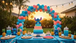 Stitch Birthday Party: A Tropical Celebration of Disney Magic A tropical birthday celebration scene at sunset featuring a grand balloon arch, decorated tables with blue silk linens and Stitch plushies, a tiered blue ombre cake, and children playing in a lush backyard paradise.