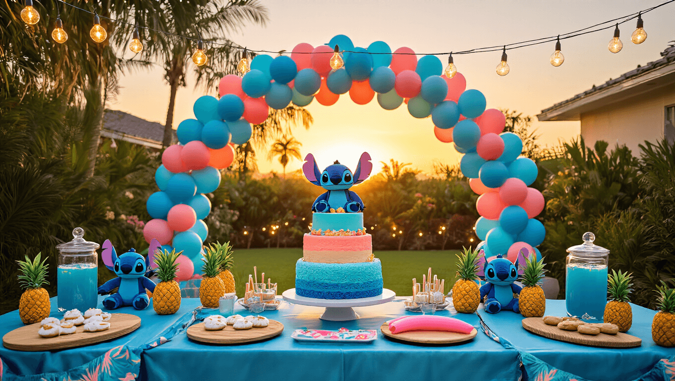 A tropical birthday celebration scene at sunset featuring a grand balloon arch, decorated tables with blue silk linens and Stitch plushies, a tiered blue ombre cake, and children playing in a lush backyard paradise.