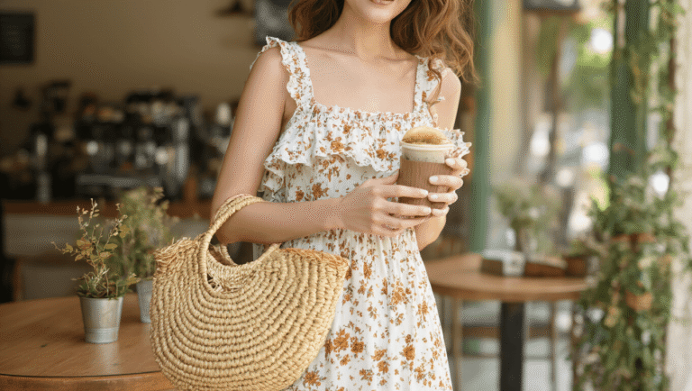 10 Stunning Ways to Style a Ruffled Floral Sundress A woman in a floral ruffle sundress sits at a rustic cafe, bathed in golden light, holding a straw bag and a cup of coffee, creating a soft and dreamy atmosphere.