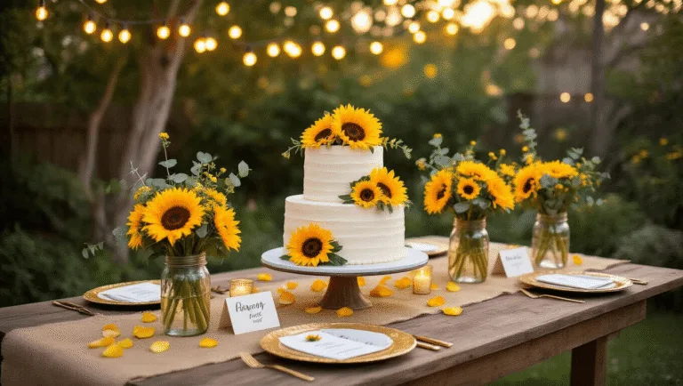 Sunflower Birthday Party: A Radiant Celebration of Joy and Creativity A beautifully arranged outdoor birthday celebration featuring a rustic farmhouse table adorned with sunflowers, a three-tiered cake, and soft lighting from string lights, creating a warm and inviting atmosphere at golden hour.
