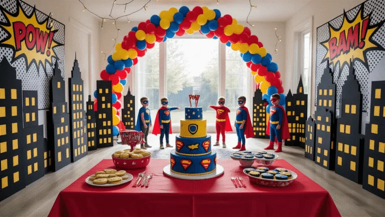 Epic Superhero Birthday Party: Your Ultimate Guide to Creating a Comic Book Celebration A vibrant superhero-themed birthday party in a sunlit living room, featuring a dessert table with a comic book cake and shield-shaped cookies, surrounded by playful children in capes, colorful balloon decor, and comic book backdrops, captured in hyperrealistic detail.