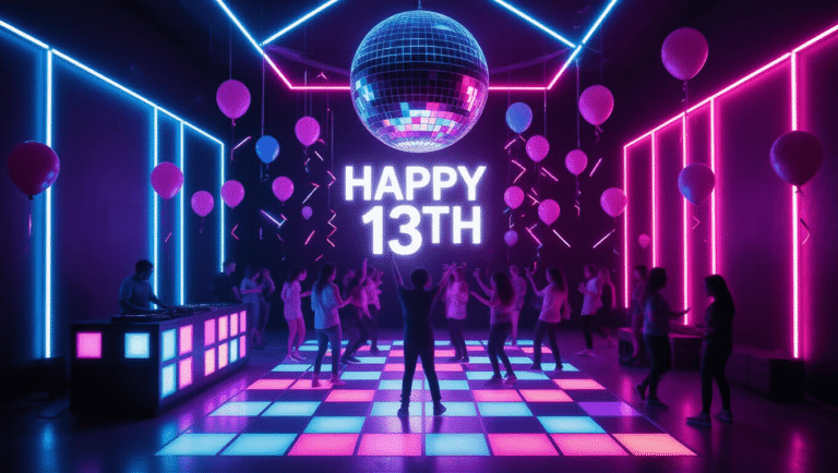 13th Birthday Party Ideas: The Ultimate Guide to Creating an Unforgettable Teenage Celebration A vibrant neon-lit indoor birthday party for a teenager, featuring a large disco ball, LED strip lights, and a "Happy 13th" holographic sign, with teens dancing amidst colorful shadows and dynamic lighting effects.